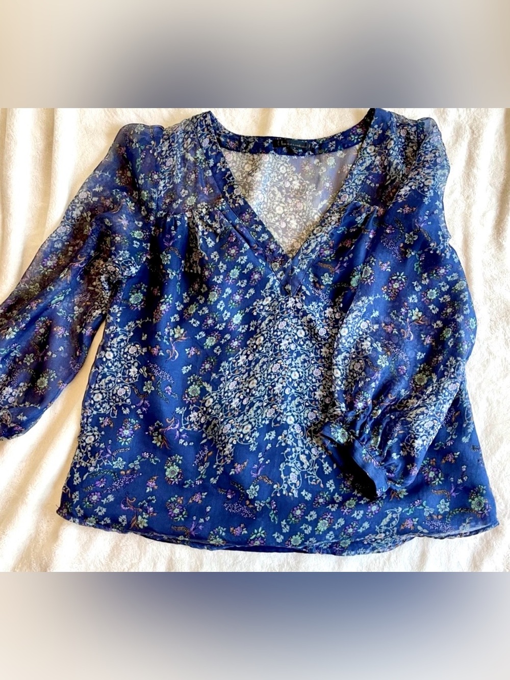 Lucca Couture Blue Floral Chiffon V Neck Blouse Sheer Boho Peasant Shirt Small